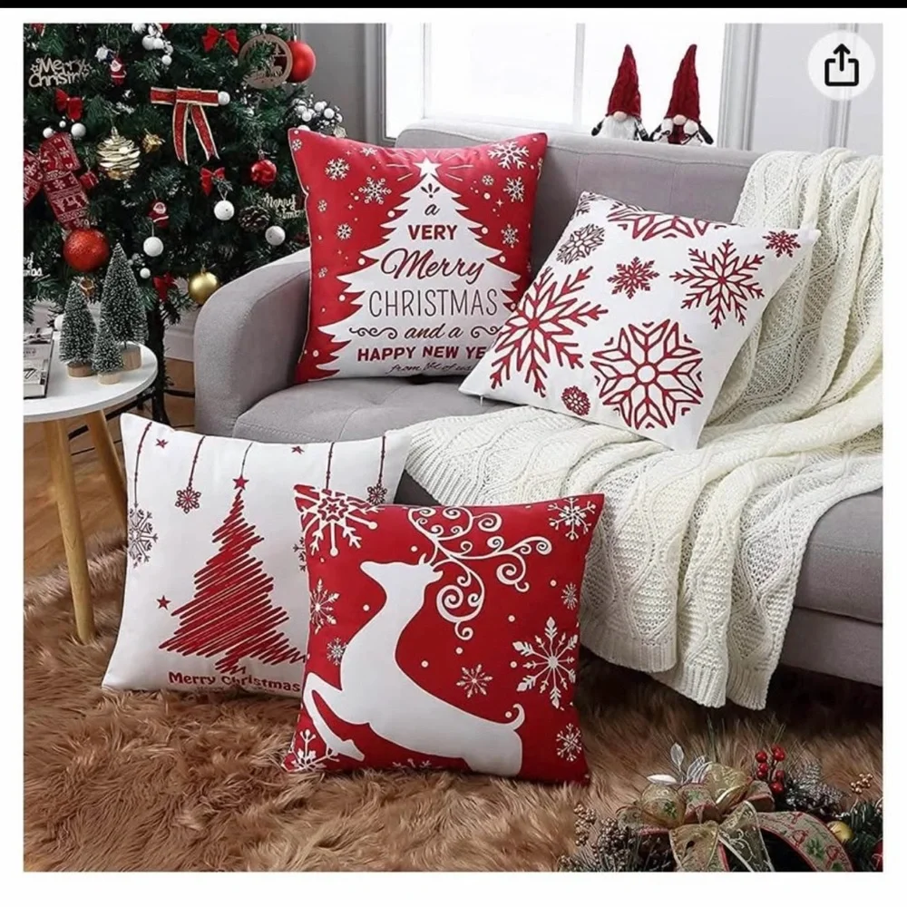 NEW (NIP) Festive Red and White Christmas Pillow Covers (no inserts) 18” x 18”